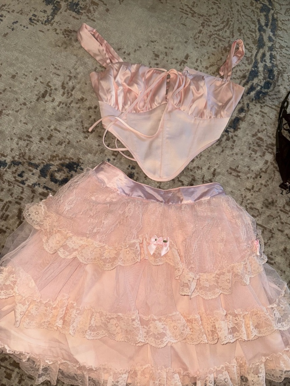 Sugar Thrillz Pale Pink Ruffled Lace Corset Top and Skirt Set